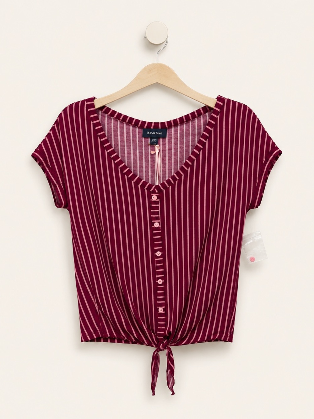 NWT ModCloth Timely Arrival Tie Waist Top -
Red and Pink Stripes